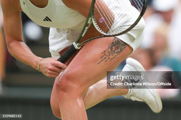 Close up of the thigh tattoo of Elina Svitolina during her Ladies Singles Semi Finals match against Marketa Vondrousova during day eleven of The...