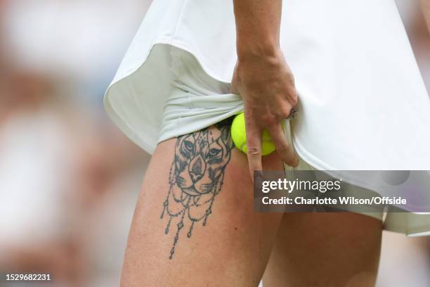 Close up of the thigh tattoo of Elina Svitolina during her Ladies Singles Semi Finals match against Marketa Vondrousova during day eleven of The...