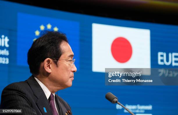 Prime Minister of Japan Fumio Kishida, the President of the European Council and the President of the European Commission are talking to media at the...