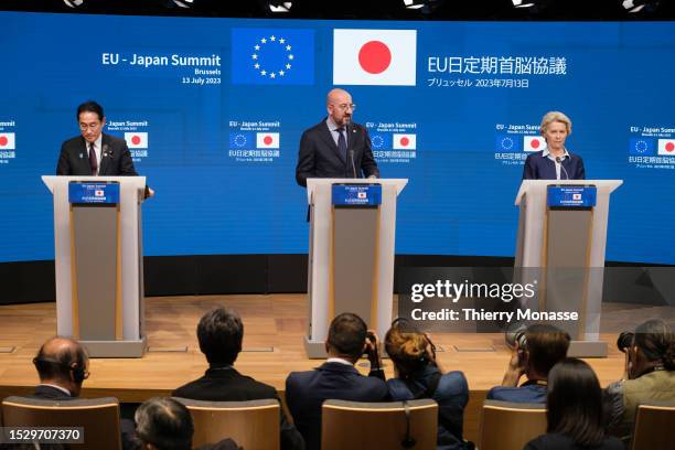 Prime Minister of Japan Fumio Kishida the President of the European Council Charles Michel and the President of the European Commission Ursula von...