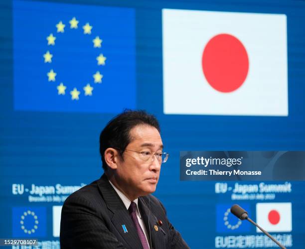 Prime Minister of Japan Fumio Kishida, the President of the European Council and the President of the European Commission are talking to media at the...