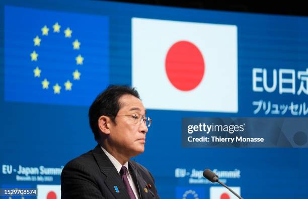 Prime Minister of Japan Fumio Kishida, the President of the European Council and the President of the European Commission are talking to media at the...