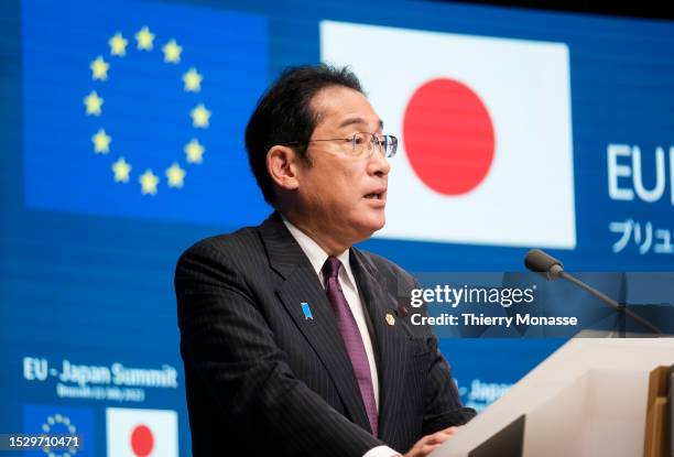 Prime Minister of Japan Fumio Kishida, the President of the European Council and the President of the European Commission are talking to media at the...