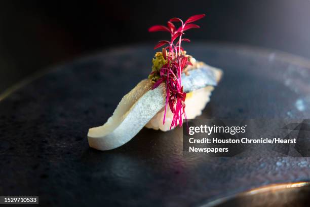 Masaba nigiri, or Japanese mackerel, with black olive puree at Soto.