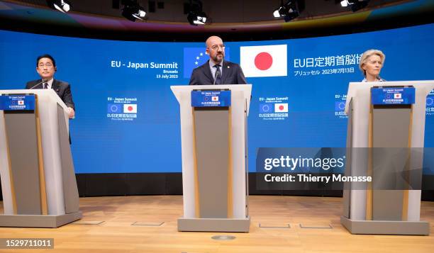 Prime Minister of Japan Fumio Kishida the President of the European Council Charles Michel and the President of the European Commission Ursula von...