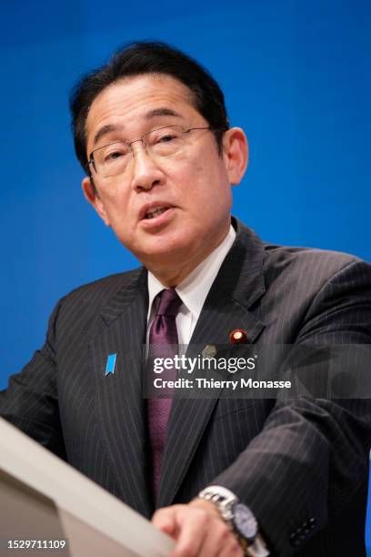 Prime Minister of Japan Fumio Kishida, the President of the European Council and the President of the European Commission are talking to media at the...