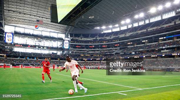 Mohammed Muntari of Qatar controls the ball against the Panama during the first half of a 2023 Concacaf Gold Cup Quarterfinals match at AT&T Stadium...