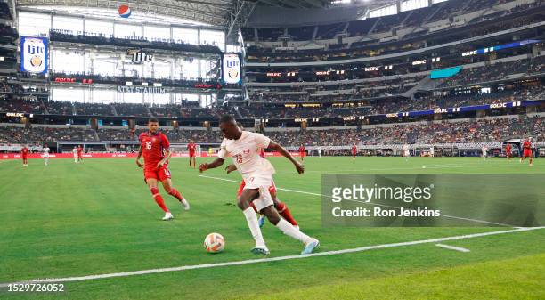 Mohammed Muntari of Qatar controls the ball against the Panama during the first half of a 2023 Concacaf Gold Cup Quarterfinals match at AT&T Stadium...