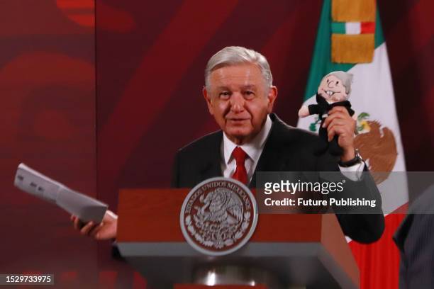 July 12, 2023 in Mexico City, Mexico: The journalist from San Luis Potosí, Ana Dora Cabrera Vázquez, approaches the President of Mexico, Andres...