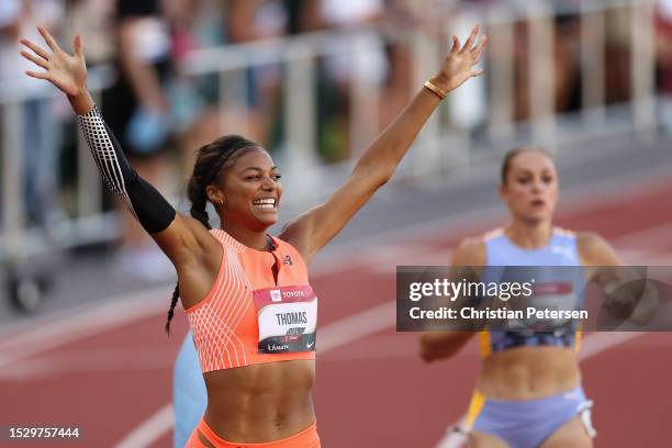 Gabby Thomas celebrates after winning the Women's 200m Final during the 2023 USATF Outdoor Championships at Hayward Field on July 09, 2023 in Eugene,...