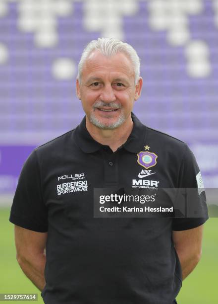 Headcoach Pavel Dotchev of Erzgebirge Aue poses during the team presentation on July 13, 2023 in Aue, Germany.