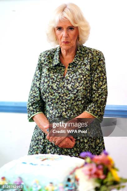 Queen Camilla during a visit to the Oasis Centre at the Columba Centre in St Columb Major that supports isolated and vulnerable people and families...