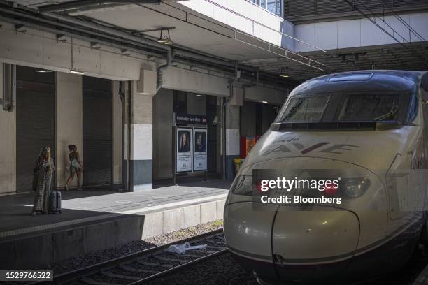 The first Barcelona-Lyon train, operated by Renfe Operadora SC, at Montpellier Saint-Roche railway station in Montpellier, France, on Thursday, July...