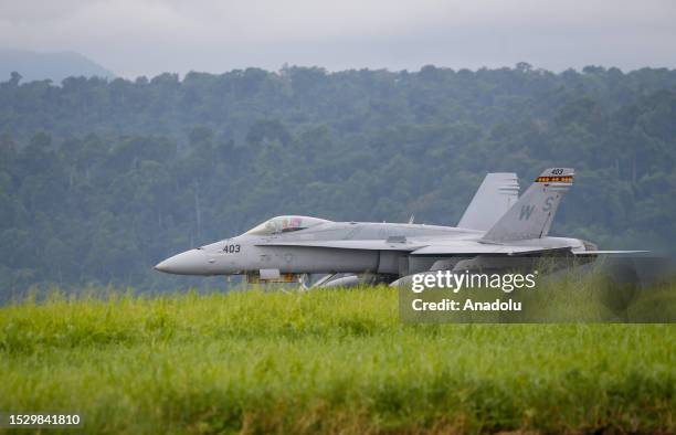 An F/A-18 Hornet fighter jet is seen during a military exercise called Marine Aviation Support Activity at Subic Bay, the former US naval base...