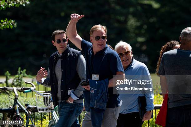 Journalist Andrew Ross Sorkin, from left, Roger Goodell, commissioner of the National Football League , and Robert Kraft, chief executive officer of...