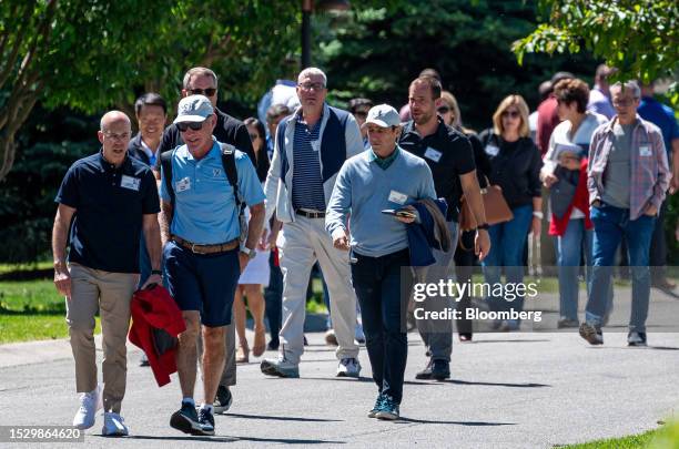 Jeffrey Katzenberg, chairman and founder of Quibi SA, left, and Gregory Maffei, president and chief executive officer of Liberty Media Corp., walk to...