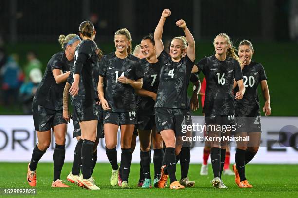 Football Ferns celebrate a goal during the International Friendly match between New Zealand Football Ferns and Vietnam at McLean Park on July 10,...