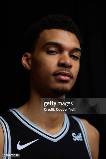 Victor Wembanyama of the San Antonio Spurs poses for a portrait during the 2023 NBA Rookie Photo Shoot on July 12, 2023 at the University of Nevada,...
