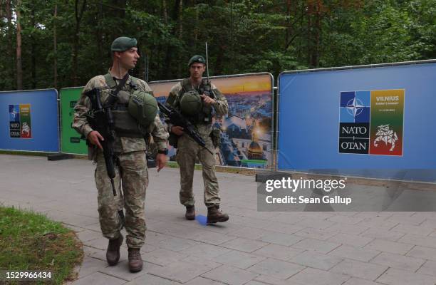 Soldiers patrol just outside the NATO summit venue on July 10, 2023 in Vilnius, Lithuania. Vilnius is scheduled to host the July NATO Summit.