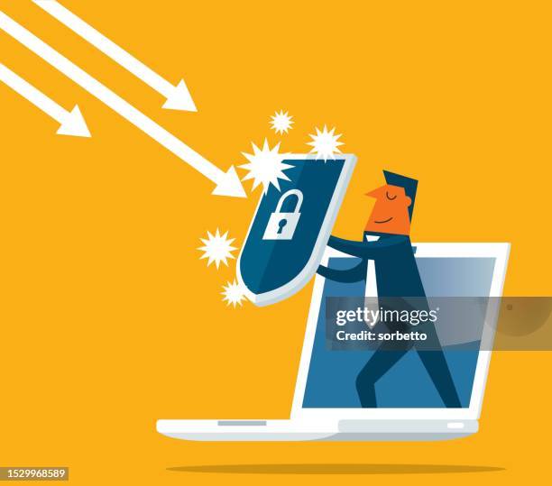 businessman out from a computer with a shield - protective shield stock illustrations