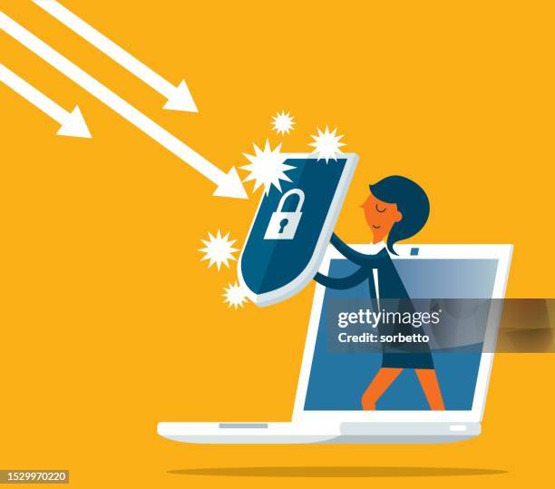 stockillustraties, clipart, cartoons en iconen met businesswoman out from a computer with a shield - business woman schild