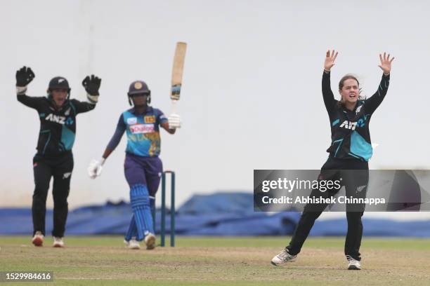 Fran Jones and Bernadine Bezuidenhout of New Zealand unsuccessfully appeal for a wicket during game two of the T20 international series between Sri...