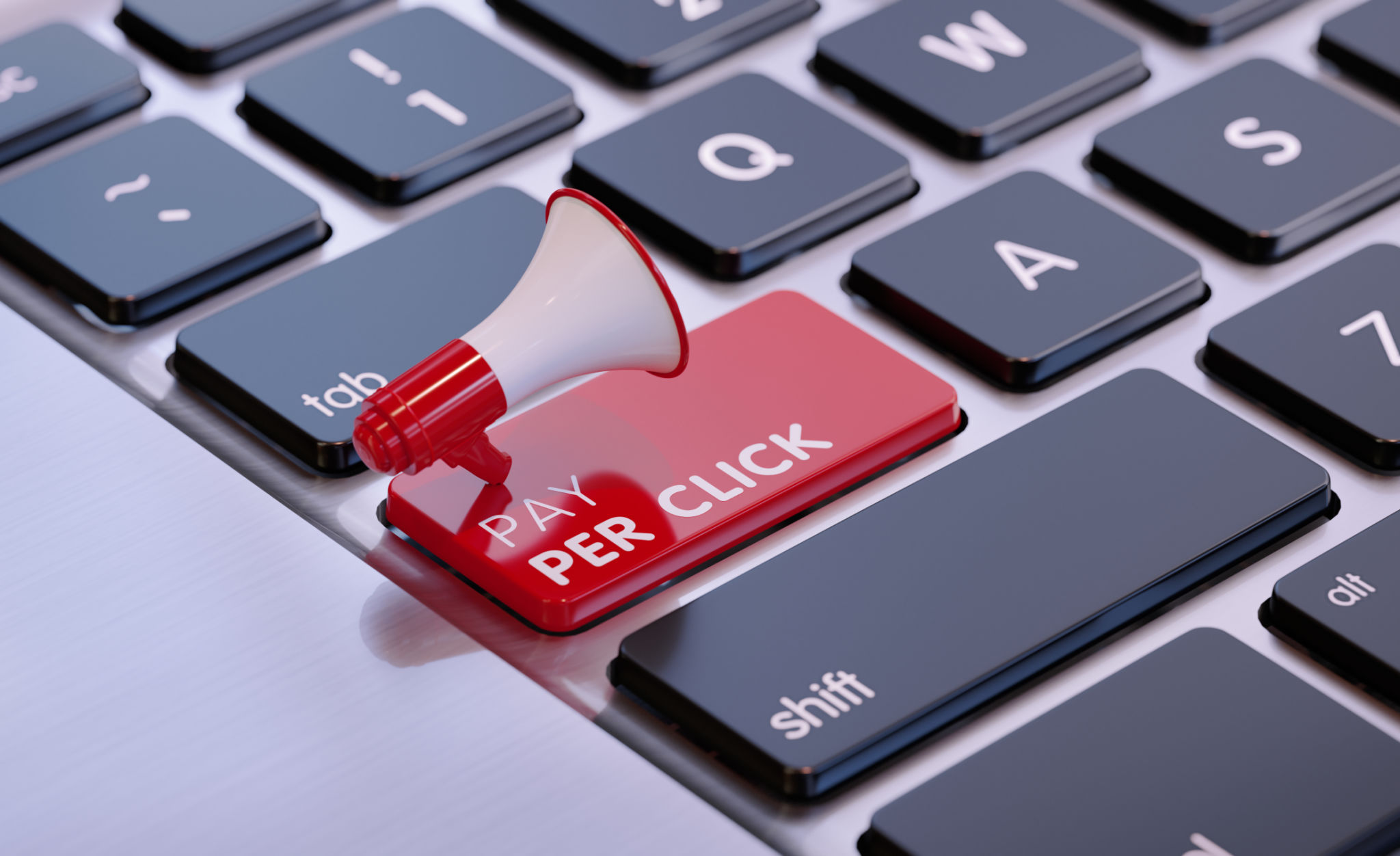 Red Megaphone On Pay Per Click Written Computer Keyboard Red Megaphone On Pay Per Click Written Computer Keyboard