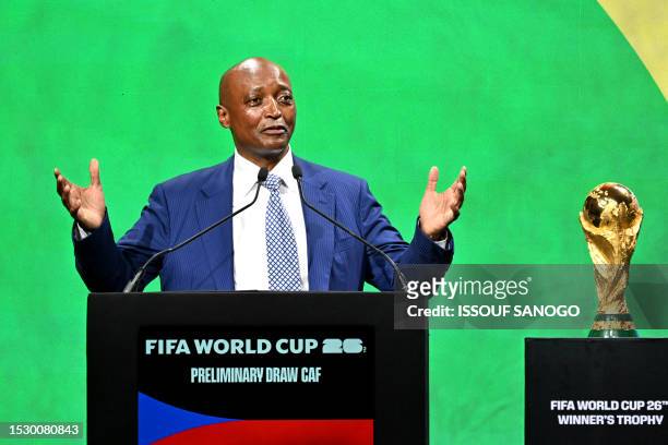 The African Confederation of Football president Patrice Motsepe delivers a speech during the qualifying draw for the Africa zone of the 2026 FIFA...