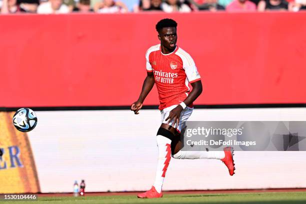 Bukayo Saka of Arsenal FC controls the Ball during the pre-season friendly match between 1. FC Nürnberg and Arsenal FC at Max-Morlock Stadion on July...