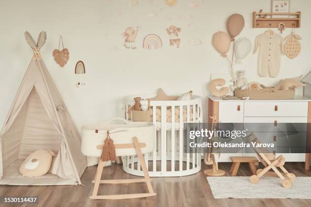 children's room. interior of nursery. scandinavian style. toys and development. - camera dei bambini foto e immagini stock