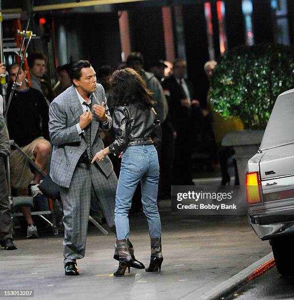 Leonardo DiCaprio and Cristin Milioti on the set of the film The Wolf of Wall Street on the streets of Manhattan on September 28, 2012 in New York...