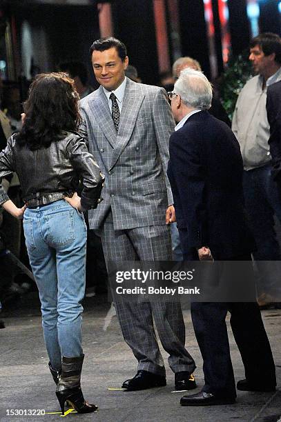 Director Martin Scorsese, Leonardo DiCaprio and Cristin Milioti on the set of the film The Wolf of Wall Street on the streets of Manhattan on...