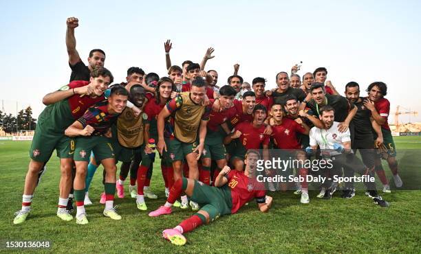 Portugal players celebrate after their side's victory in the UEFA European Under-19 Championship 2022/23 semi-final match between Portugal and Norway...