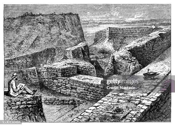 from the excavations of heinrich schliemann , the city of troy: the remains of the south gate. - heinrich schliemann stock illustrations