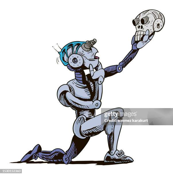 artificial intelligence robot has a skull in its hand - philosophy vector stock illustrations