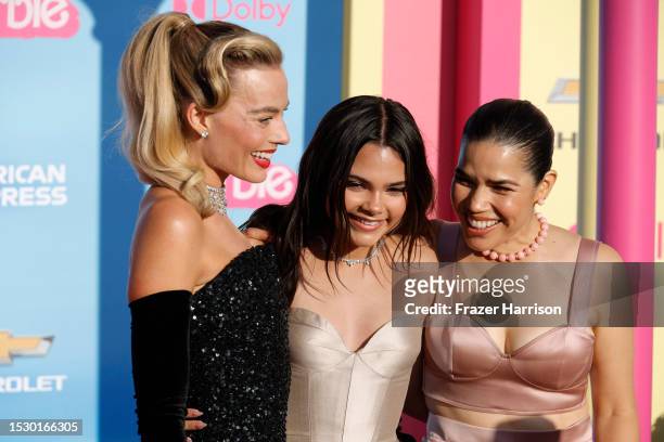 Margot Robbie, Ariana Greenblatt, America Ferrera attends the World Premiere of "Barbie" at Shrine Auditorium and Expo Hall on July 09, 2023 in Los...