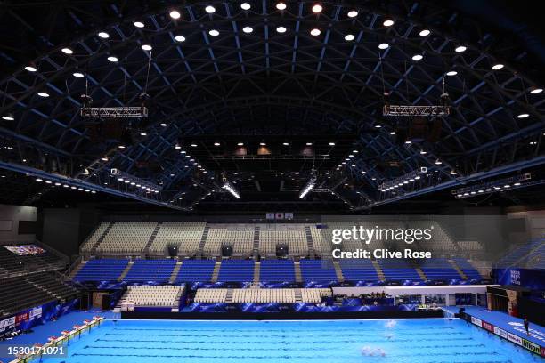 General view of the main competition pool venue at Marine Messe Fukuoka ahead of the Fukuoka 2023 World Aquatics Championships at Seaside Momochi...