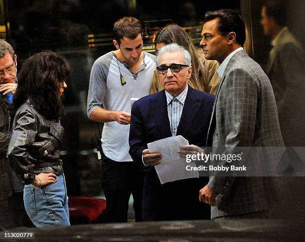 Director Martin Scorsese, Leonardo DiCaprio and Cristin Milioti on the set of the film The Wolf of Wall Street on the streets of Manhattan on...