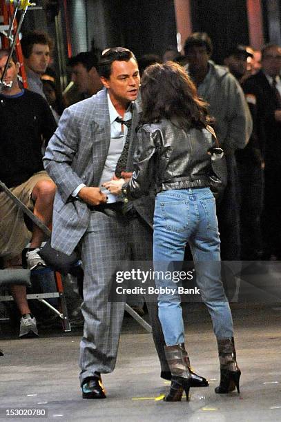 Leonardo DiCaprio and Cristin Milioti on the set of the film The Wolf of Wall Street on the streets of Manhattan on September 28, 2012 in New York...