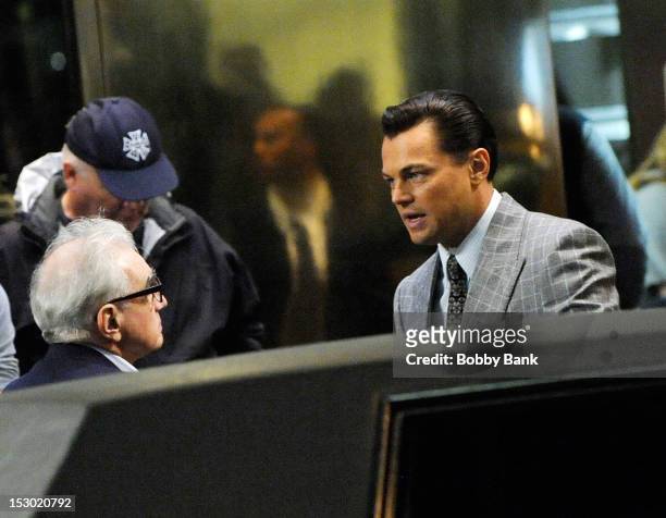 Director Martin Scorsese and actor Leonardo DiCaprio on the set of the film The Wolf of Wall Street on the streets of Manhattan on September 28, 2012...