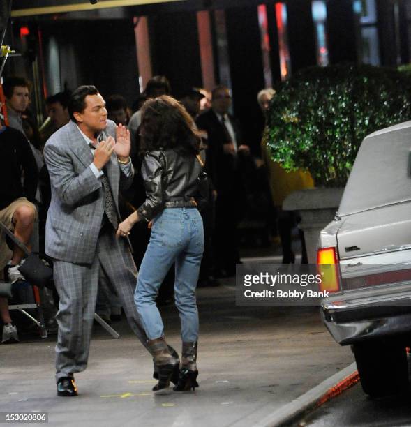 Leonardo DiCaprio and Cristin Milioti on the set of the film The Wolf of Wall Street on the streets of Manhattan on September 28, 2012 in New York...