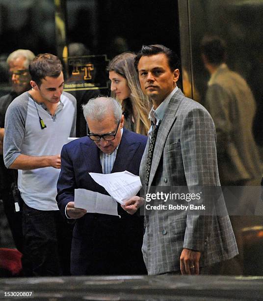 Director Martin Scorsese and actor Leonardo DiCaprio on the set of the film The Wolf of Wall Street on the streets of Manhattan on September 28, 2012...