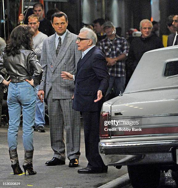 Director Martin Scorsese, Leonardo DiCaprio and Cristin Milioti on the set of the film The Wolf of Wall Street on the streets of Manhattan on...