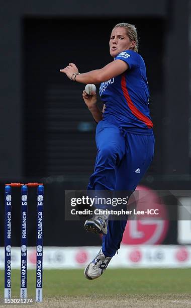 Katherine Brunt of England bowls during the ICC Women's World Twenty20 2012 Group A match between England and India at Galle International Stadium on...