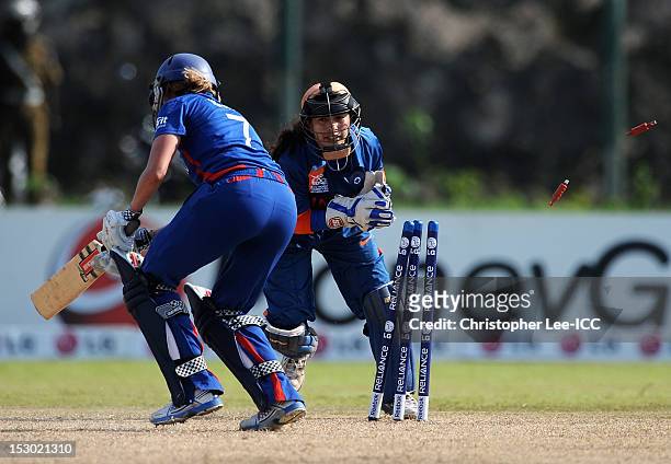 Wicketkeeper Sulakshana Naik of India stumps out Laura Marsh of England during the ICC Women's World Twenty20 2012 Group A match between England and...