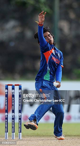 Ekta Bisht of India bowls during the ICC Women's World Twenty20 2012 Group A match between England and India at Galle International Stadium on...