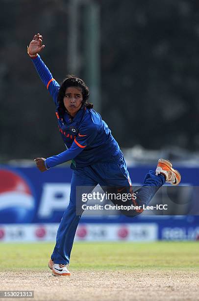 Ekta Bisht of India bowls during the ICC Women's World Twenty20 2012 Group A match between England and India at Galle International Stadium on...