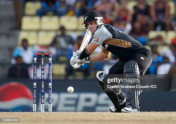 Nathan McCullum of New Zealand bats during the A1 versus B2 ICC World T20 Super Eight match between England and New Zealand at Pallekele Cricket...