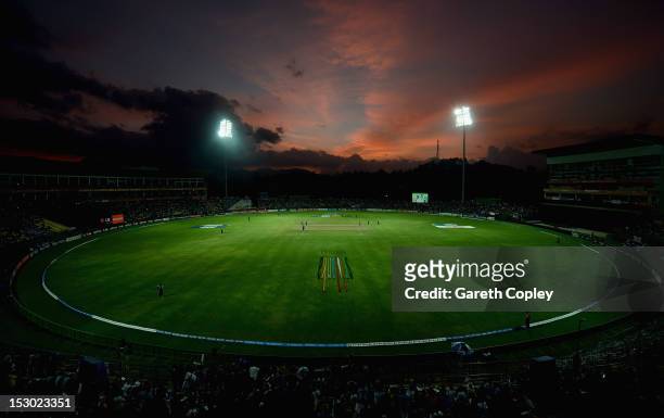 The sun sets during the ICC World Twenty20 2012 Super Eights Group 1 match between England and New Zealand at Pallekele Cricket Stadium on September...