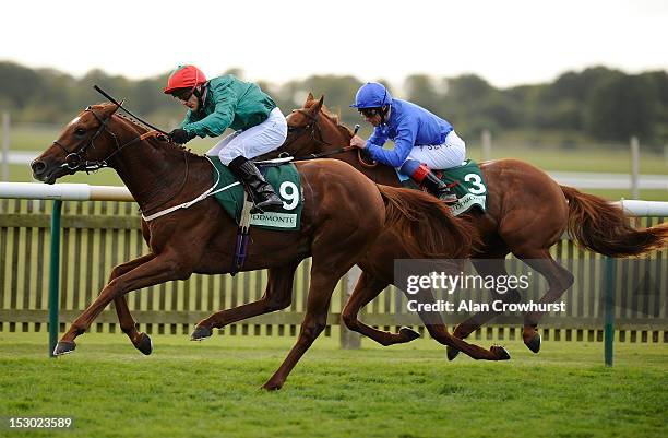 Kieren Fallon riding Steeleer from Artigiano win The Juddmonte Royal Lodge Stakes at Newmarket racecourse on September 29, 2012 in Newmarket, England.